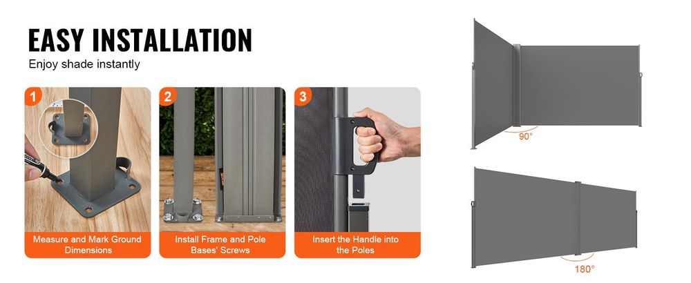 VEVOR Ausziehbare Seitenmarkise, 71''x 236'' Aluminium Außen-Privatsphäre Bildschirm, 280g Polyester Wasserfester Ausziehbarer Terrassenbildschirm, UV 30+ Raumteiler Windschutz für Terrasse, Garten, Balkon, Schwarz, Grau-200x600 cm