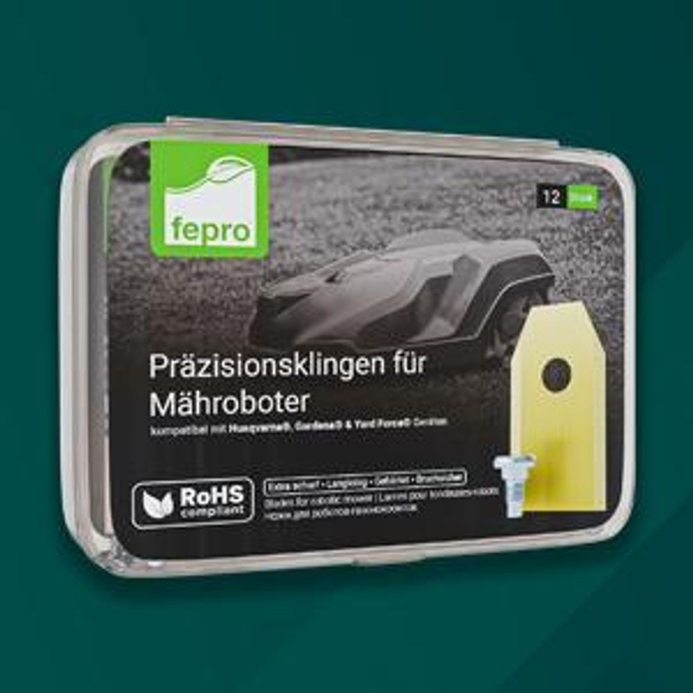 Fepro® Profi Ersatzmesser für Mähroboter - kompatibel mit Husqvarna, Gardena, Yard Force - 12 Stück, Universal Ersatzklingen für Rasenroboter Messer Messerset Mähroboterklingen