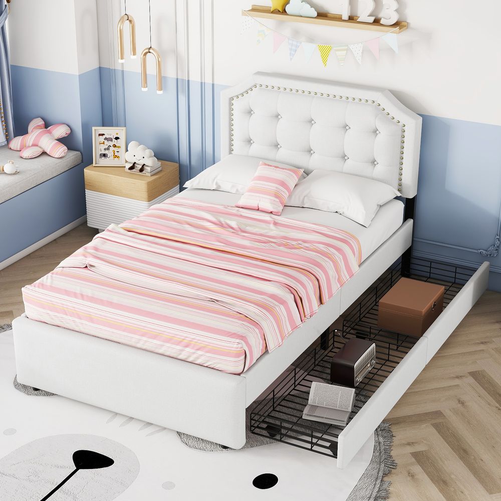 Merax Polsterbett 90x200 cm mit verstellbarem Kopfteil, Einzelbett Kinderbett mit Aufbewahrungsschubladen und Ziernägeln – Jugendbett Weiß