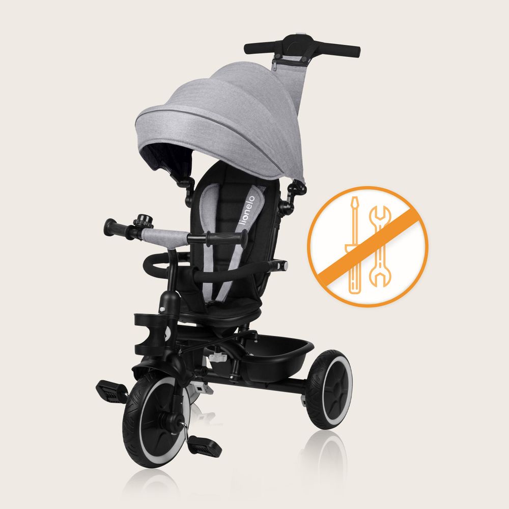 Multifunktionales Dreirad und Kinderwagen Lionelo Berry von 9 Monaten bis 5 Jahren bis zu 25 kg Große PolyurethanRäder, Dreirad-Drehsitz 360° Grau