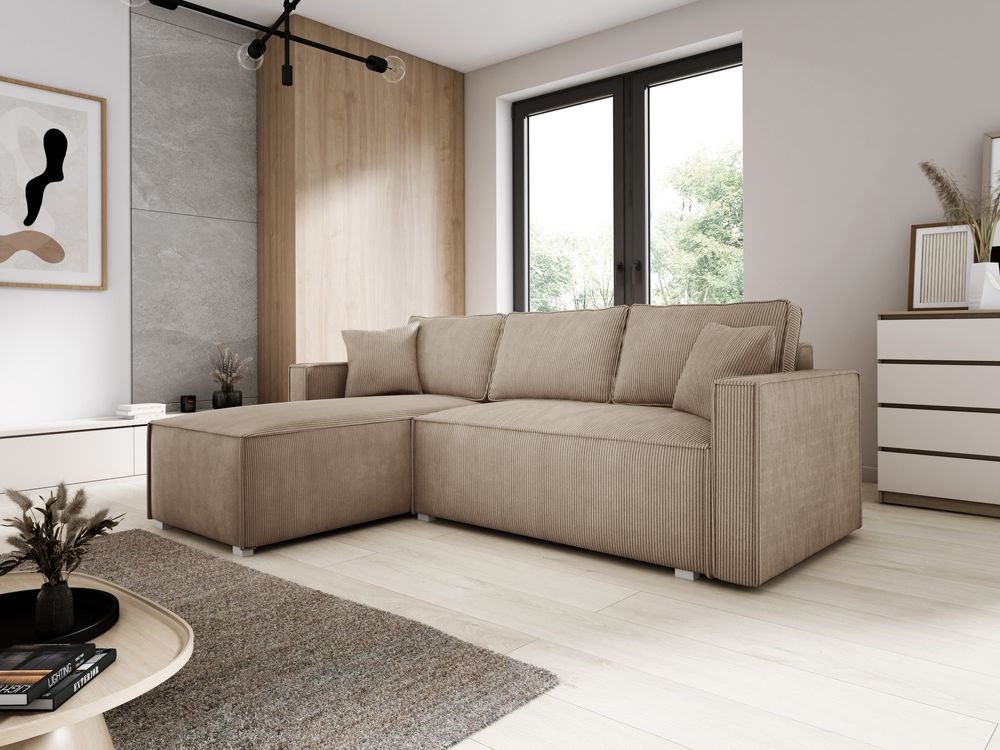 Ecksofa mit Schlaffunktion und Bettkasten NOEMI 145x235 cm, Eckcouch Cord Beige, Sofa L-Form, Universal Ottomane, Couch mit Wellenfeder - PS 02