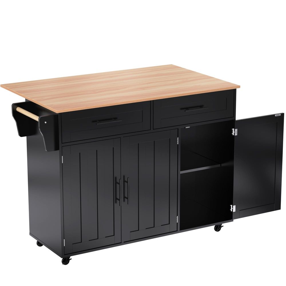 Flieks Servierwagen Kücheninselwagen mit Erweiterbarer Arbeitsplatte, Küchentrolley Speisewagen mit Schubladen, Kücheninsel 129x46-71x91.5cm, Schwarz