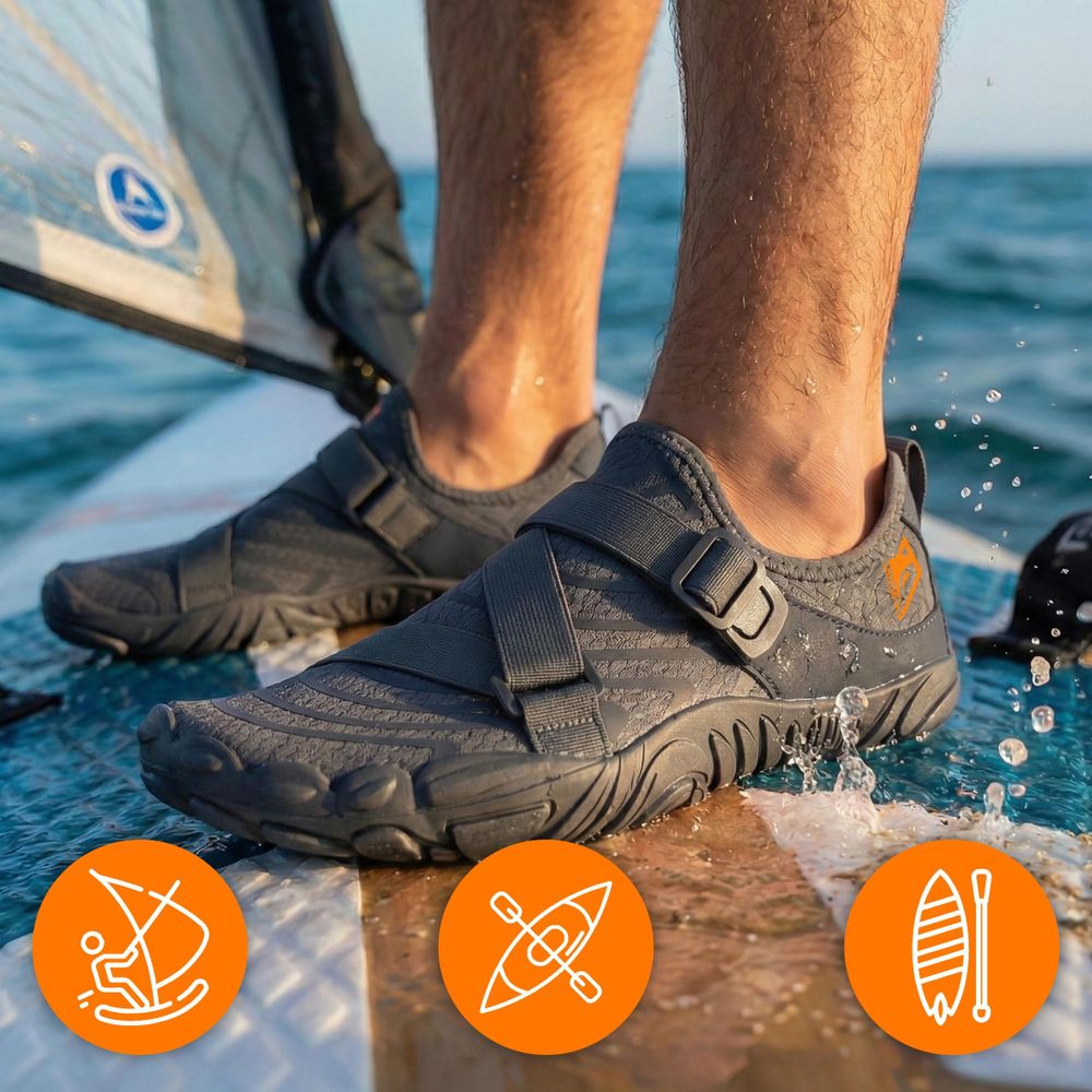 Wasserschuhe Badeschuhe Herren EVI SPORT WaveRunner 43 Verstellbar Seeigelschutz Schnelltrocknend Grau Schwimmschuhe Strandschuhe