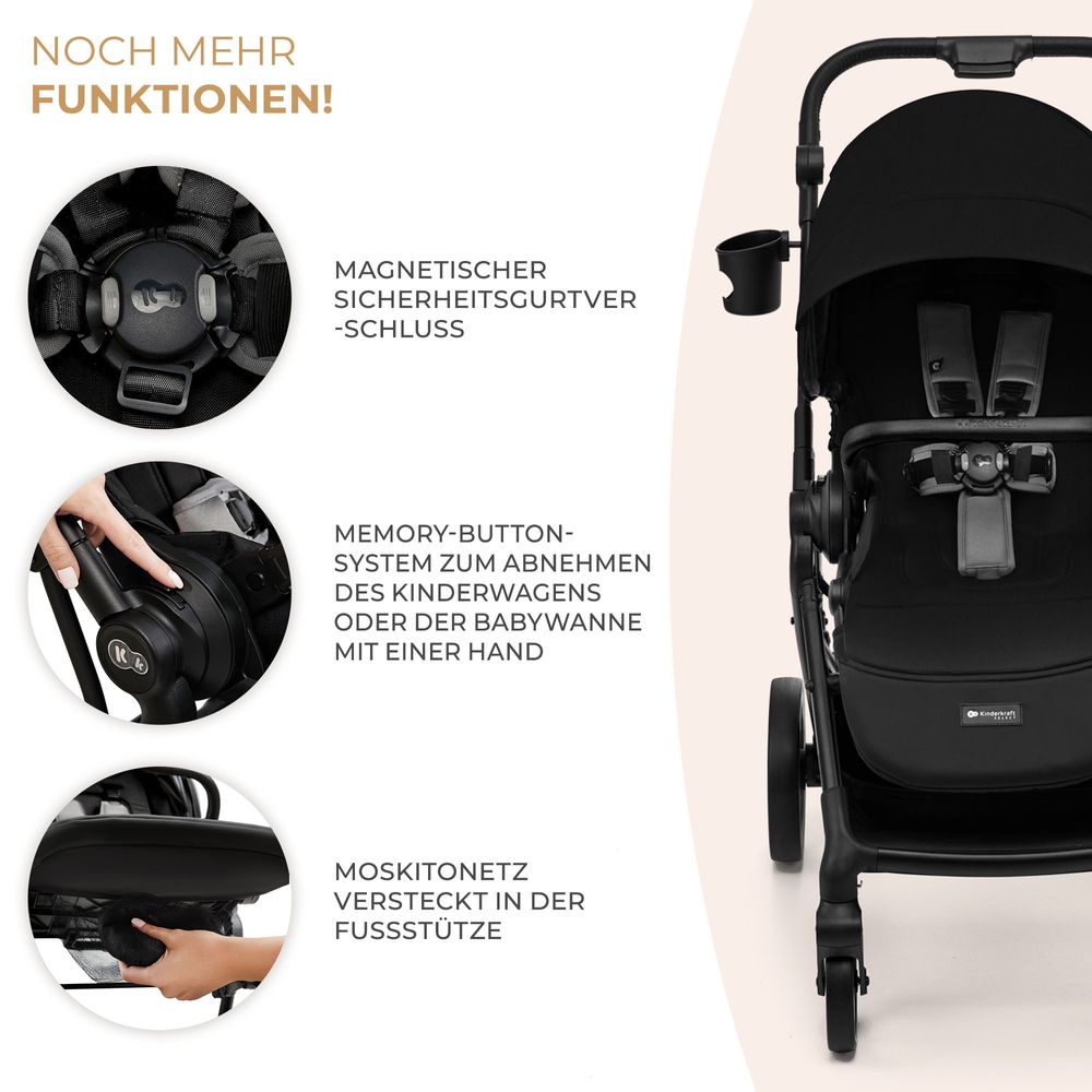 Kinderkraft YOXI - Kinderwagen bis 27 kg - leicht - wendig - pannensichere Räder - TRAVEL SYSTEM - verstellbare Rückenlehne - Schwarz