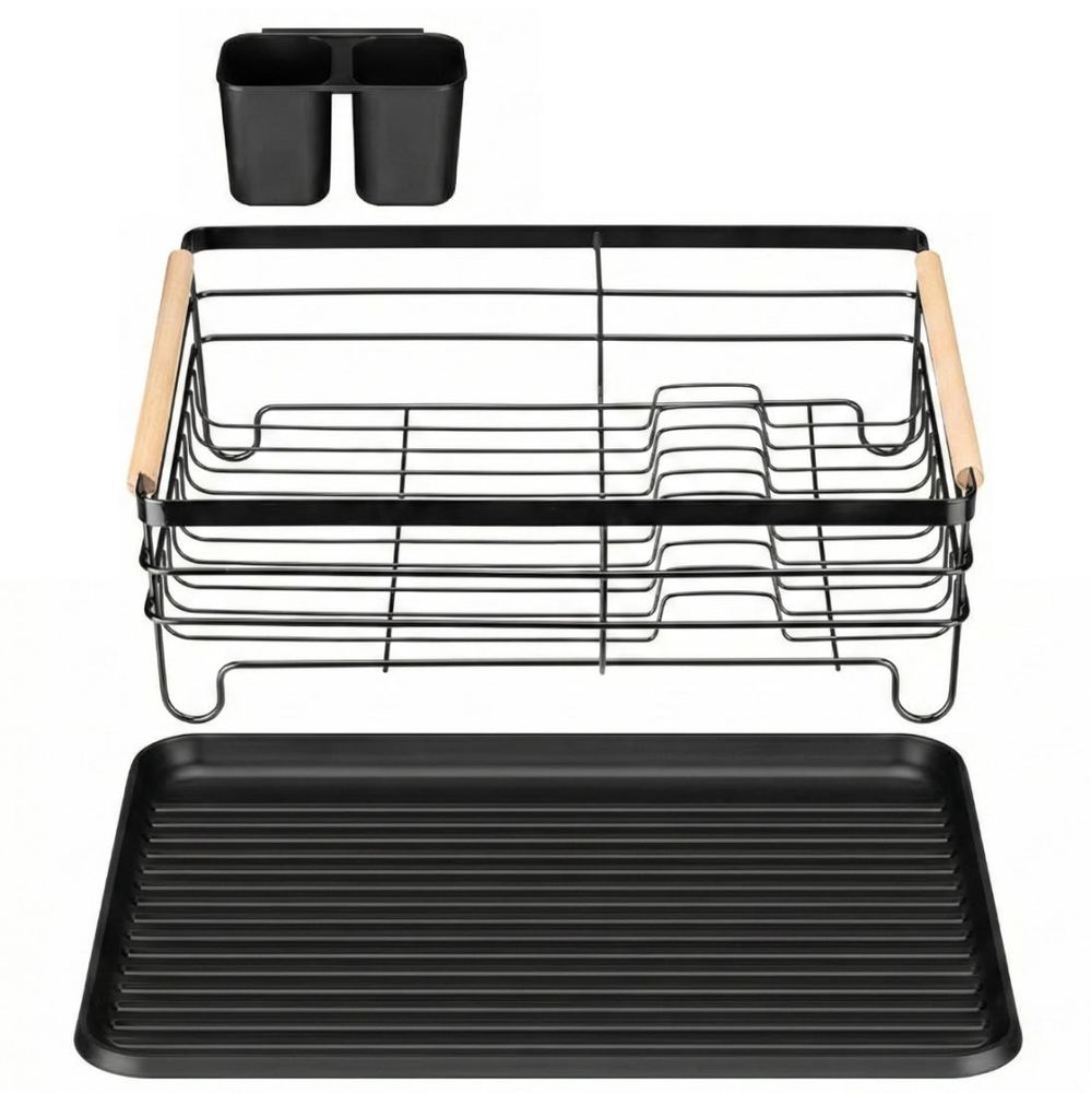 WELLHAUS Abtropfgestell Geschirr mit Abtropfschale, Metall Geschirrabtropfgestell, Abtropfgestell für Spülbecken mit Abtropffläche und Drehbarem Auslauf, 43x30,5x14, Schwarz