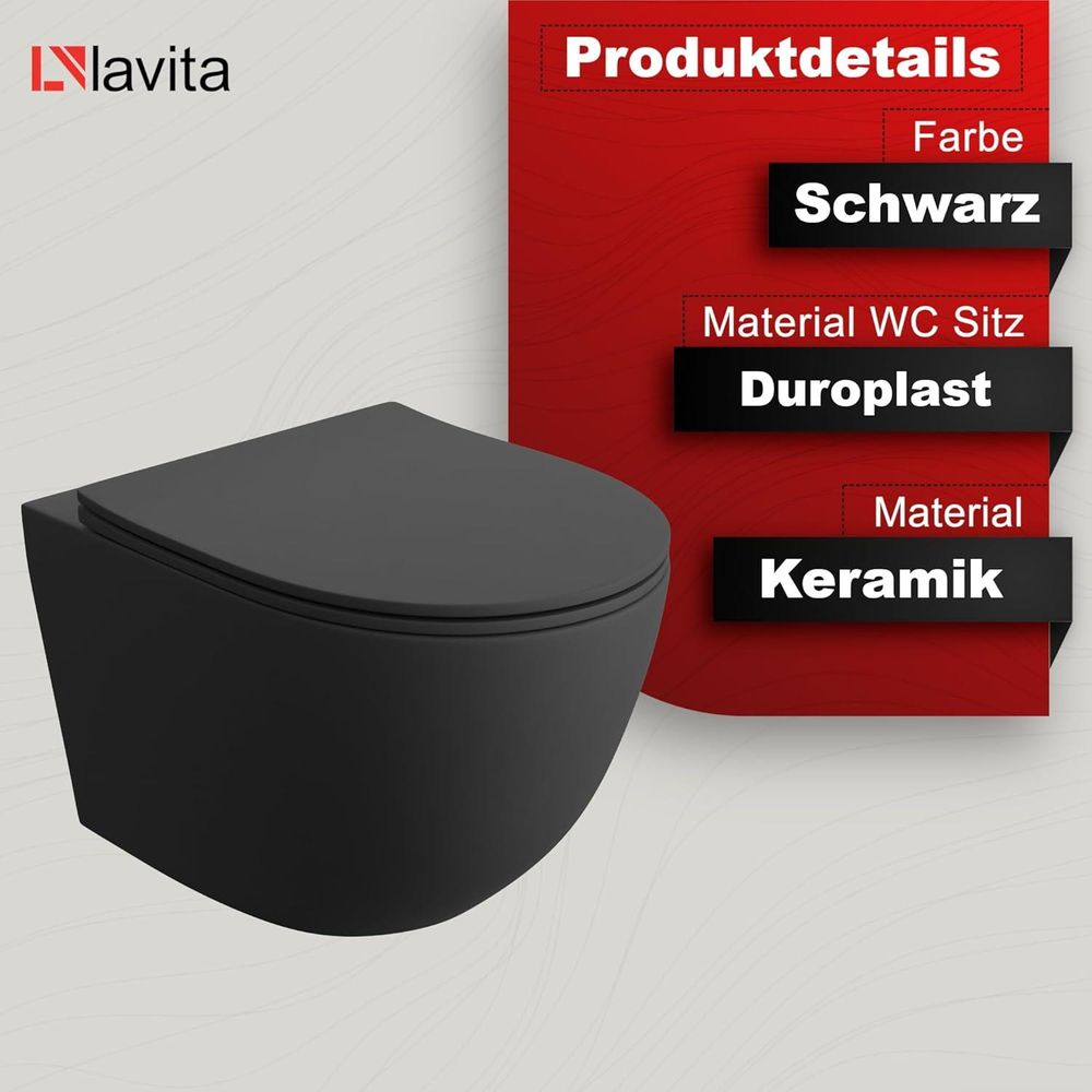 LAVITA Wand-WC Sinto Black | Hänge Toilette | Toilettendeckel mit Absenkautomatik & Metallscharniere | Toiletten Spülrandlos Hängend | Spülsystem TORNADO 3.0 | Toilettenbecken | Schwarz