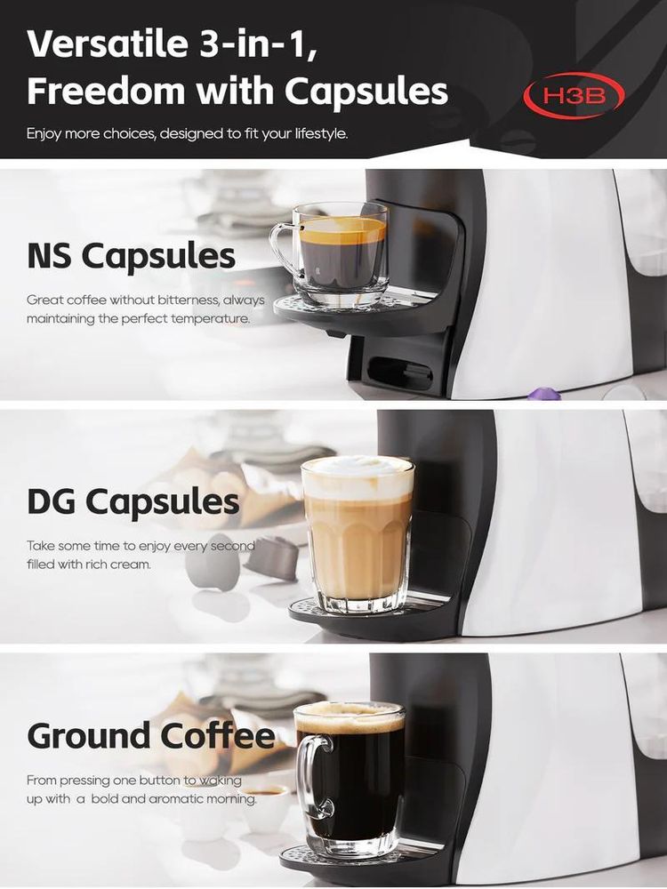 HiBREW H3B 3-in-1 Kapsel-Kaffeemaschine mit 19 Bar Druck, 850 ml Wassertank, 1100 W Leistung, kompatibel mit mehreren Kapselsystemen