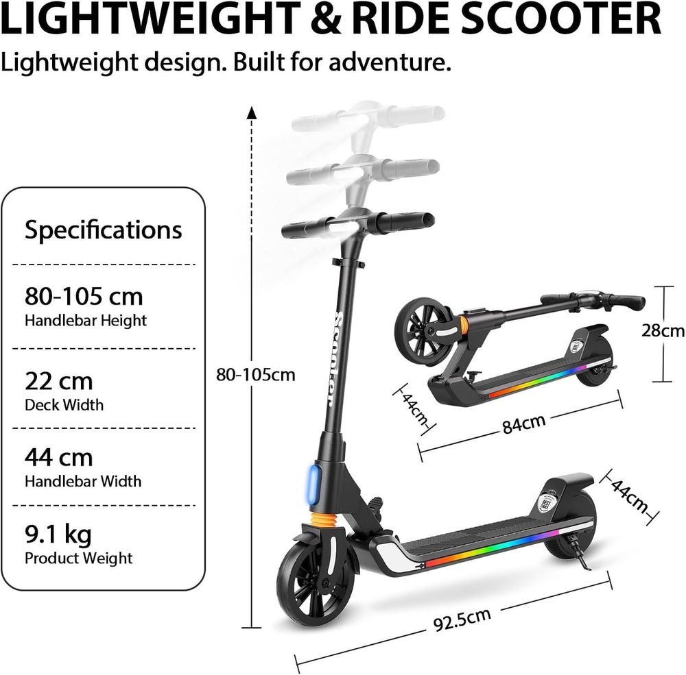 Elektroscooter Kinder Für 8-16 Jahren, Klappbar Jugendliche Elektroroller, 200W,  5,2Ah AKKU, Reichweite 10-20 km, Bis 20 km/h, LED, E-Scooter Schwarz