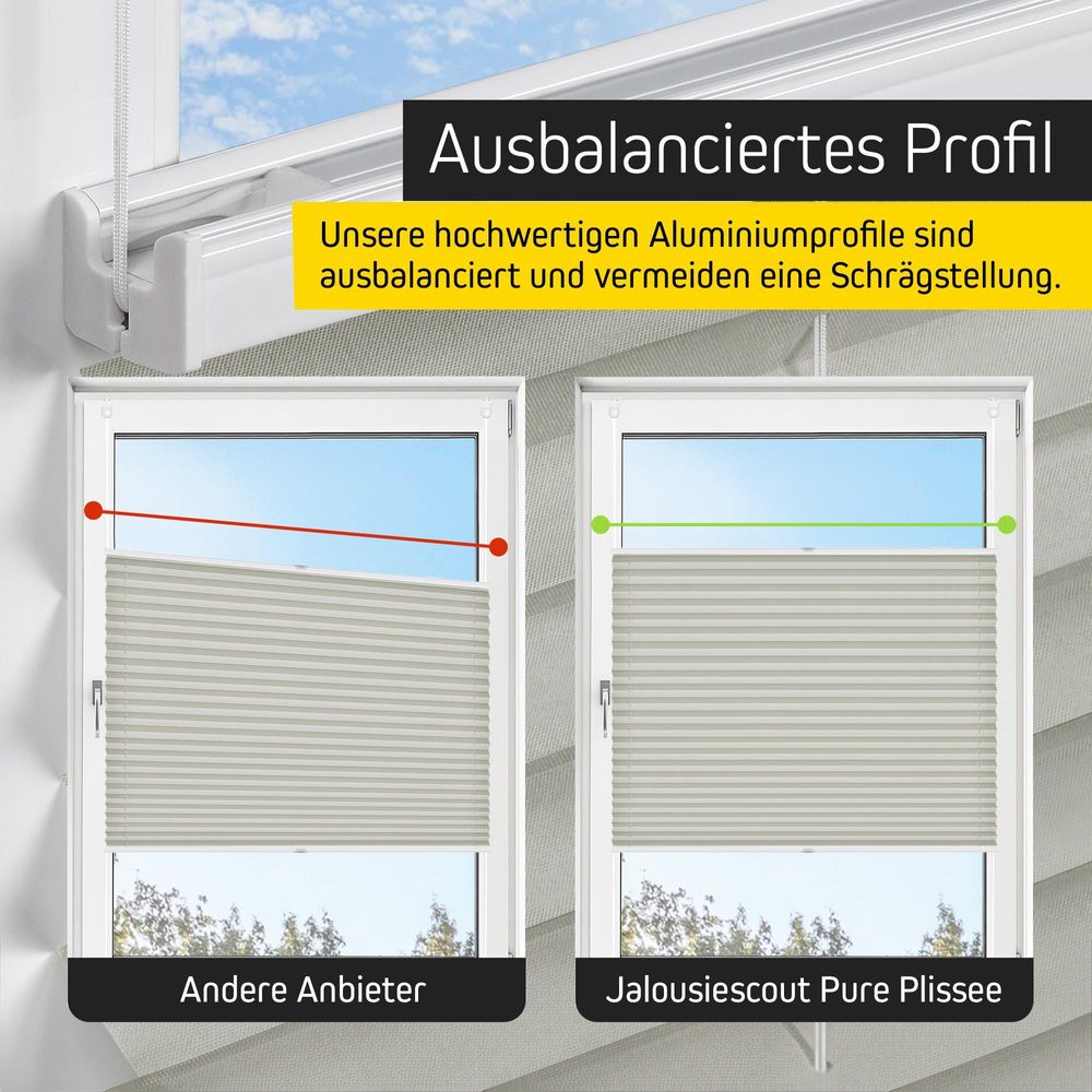 Pure Plissee, Premium, Polyester-Stoff, 100 x 110 cm, weiß ohne Bohren, blickdicht,Lichtdurchlässig, Diagonale Verspannung JALOUSIESCOUT