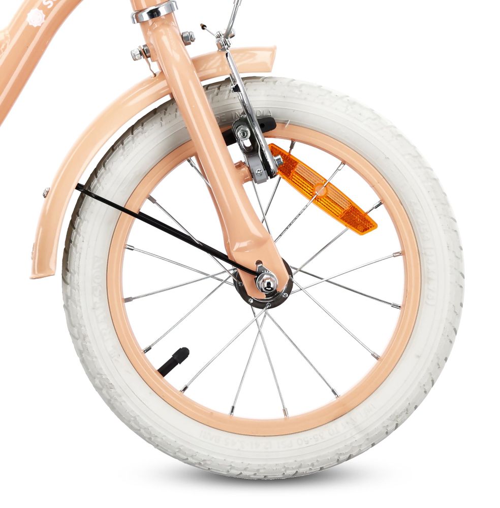 Rueda delantera con freno V-brake y guardabarros visible.