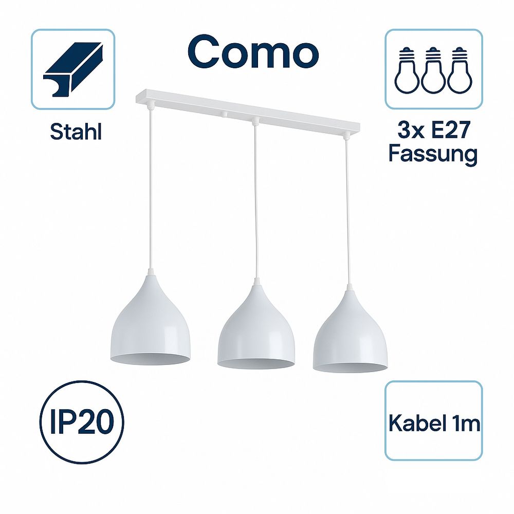 MasterLED Pendelleuchte 3-flammig E27 Weiß Metall Hängelampe Esstisch Modern Industrial Design Höhenverstellbar 60 cm Breite