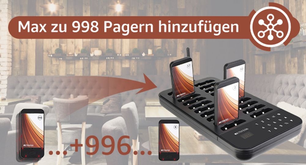 Retekess TD173 Restaurant Pager System, 20Pagers, 500M Pager Rufsystem, 7 Rufmod, 24H, Pager Pieper für Food Court, Hotel, Café, Bar, 998 Kanäle
