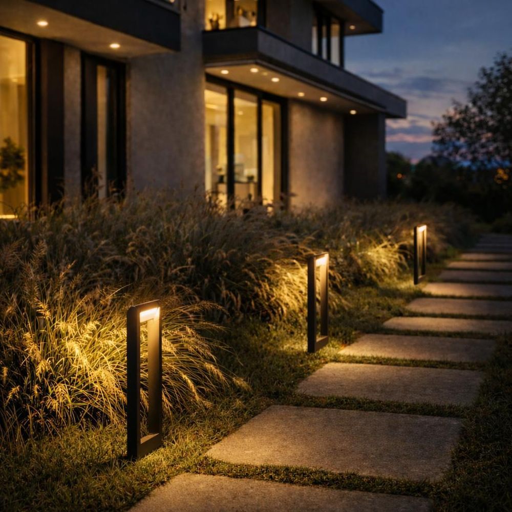 Graue Gartenlampe, modernes Design, beleuchteter Weg in exotischem Garten.