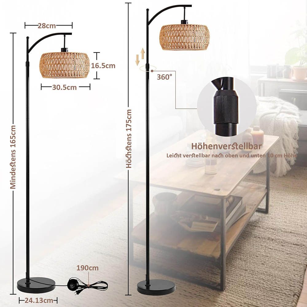 Stehlampe Wohnzimmer, Dimmbare Rattan Standleuchte mit 3 Farb,Fernbedienung und Fußschalter, App-Steuerung,12W E26 Bogenlampe,Standleuchte Leselampe