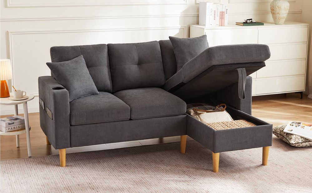 Merax Ecksofa, L-Form Sofa mit Bettkasten, Getränkehalter, 2 Kissen geliefert, Wohnzimmersofa, Couch, Couchgarnitur, Leinen, Dunkelgrau