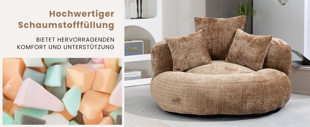 MODFU Lazy Sofa Sitzsack Schlafsofa  Relaxsessel Posterstuhl,Extrabreit mit 3 Kissen,Kaffee Chenille
