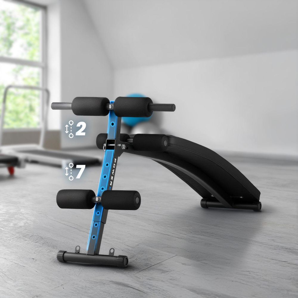 Gymtek Hantelbank mit Markierung der 7-stufigen Höhenverstellung der Beinstützen