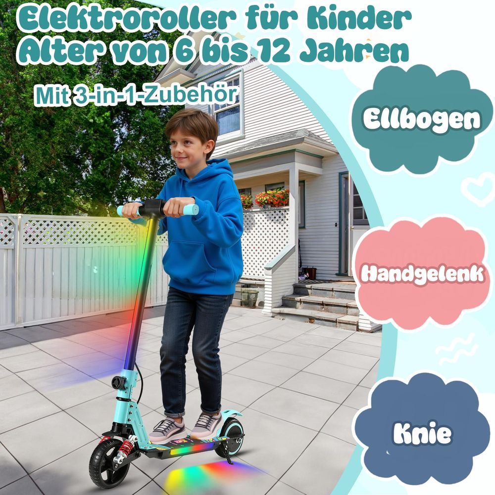 Elektroscooter Kinder Klappbar E-Scooter 14Km/h Mit LCD-Anzeige Cityroller Stoßdämpfende Funktion LED Elektroroller Himmelblau Kinderroller Für Kinder