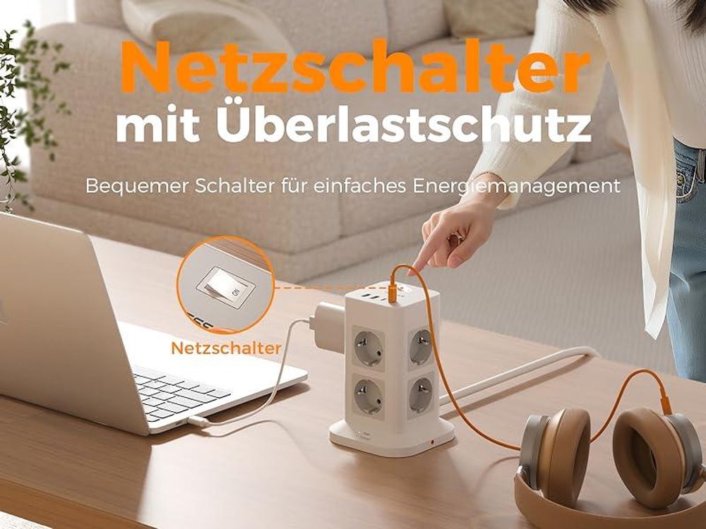 TESSAN 8 Fach Mehrfachsteckdose mit 2 USB C Verlängerungskabel 2M Steckdosenturm mit Schalter Grau 3600W