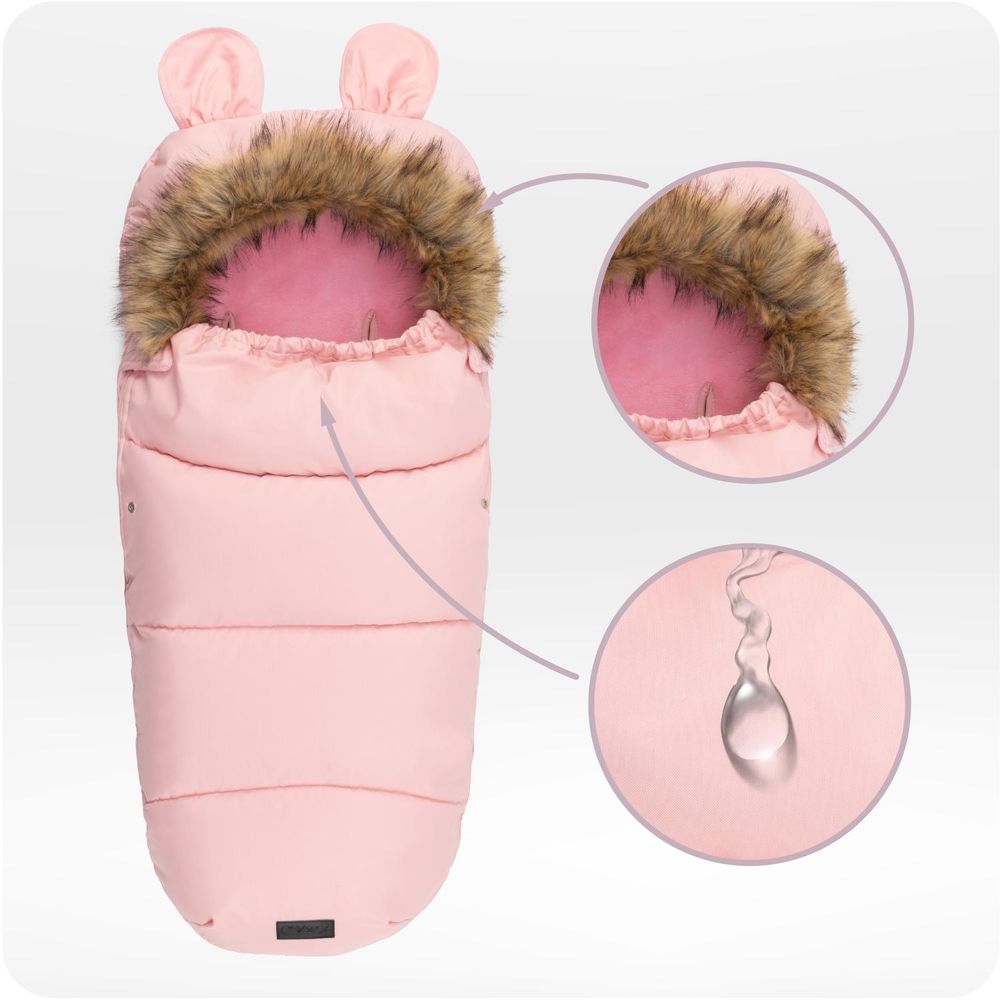 MoMi COZY – Universal-Fußsack für Kinderwagen, Fleece-Innenfutter, beidseitiger Reißverschluss & Kapuze mit Ohren – Rosa