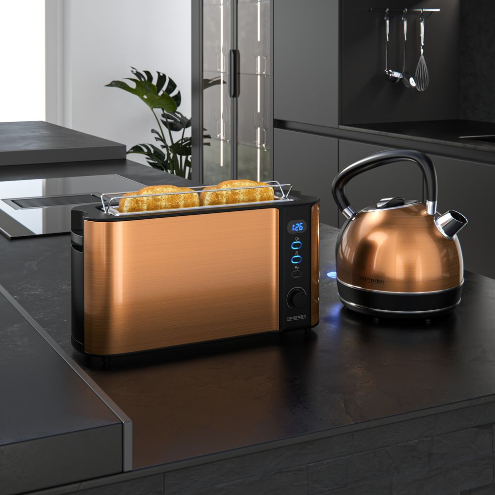 Arendo Frühstücks-Set 2-teilig in Kupferoptik - Edelstahl Wasserkocher & Langschlitztoaster