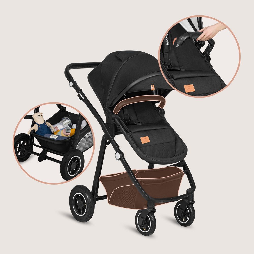 Lionelo Bianka 3in1 Kinderwagen, Autotransporter, Autositz, klappbar, Travel System Rückenlehne verstellbar 360o Räder Polsterung, Verdeck XXL-Schwarz
