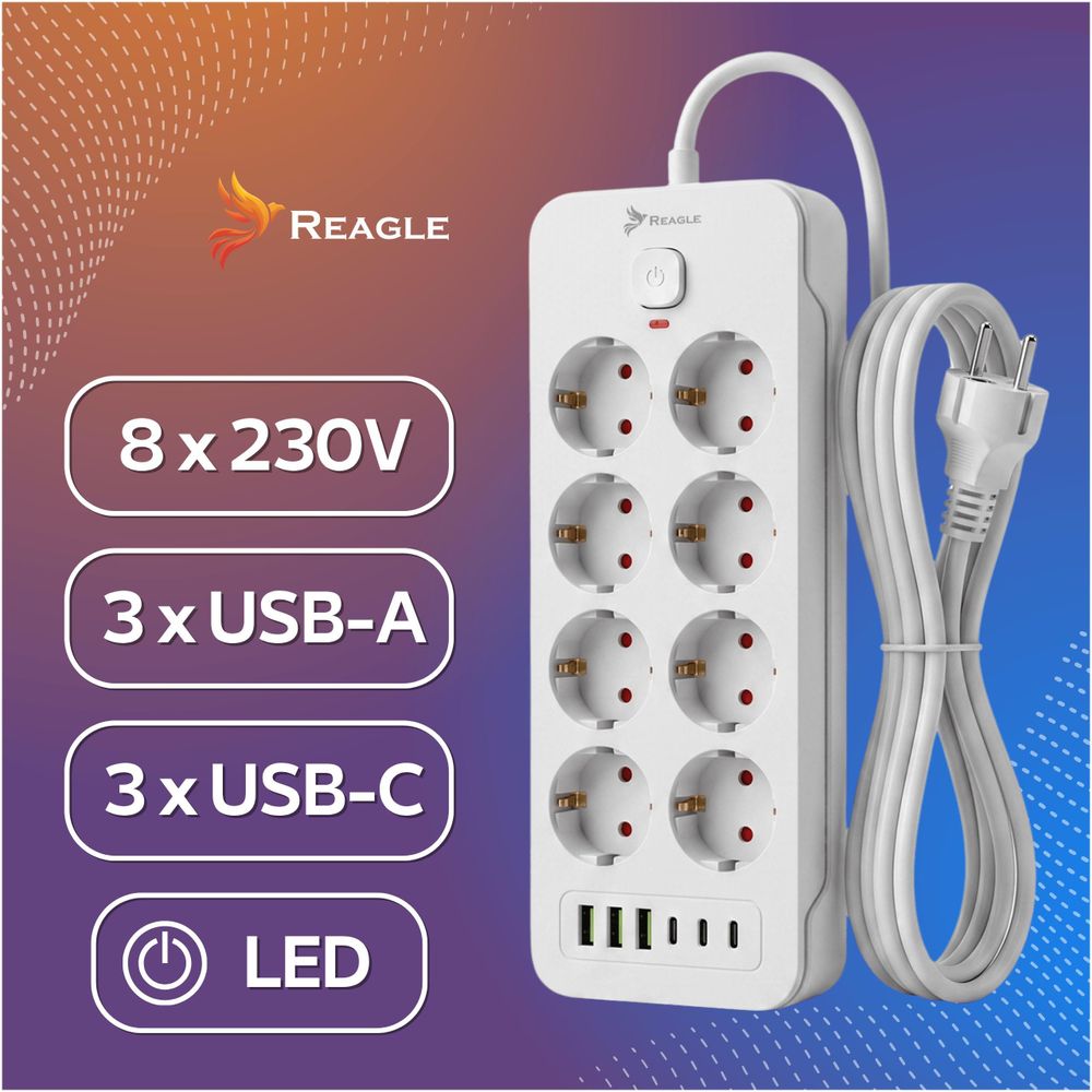 Reagle Steckdosenleiste 3m 8 Steckdosen 230V 6 USB Anschlüsse 3x USB A 3x USB C Power Strip mit Schalter Überspannungsschutz Weiß für Büro Heim