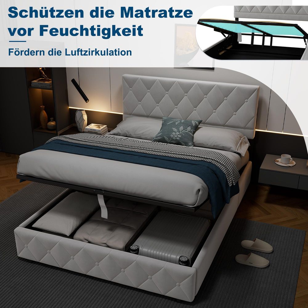 STILVORA Polsterbett 140×200 mit bettkasten,Stauraumbett Boxspringbett mit USB-Anschluss und LED-Licht,Funktionsbett ohne matratze,mit Stauraum,grau