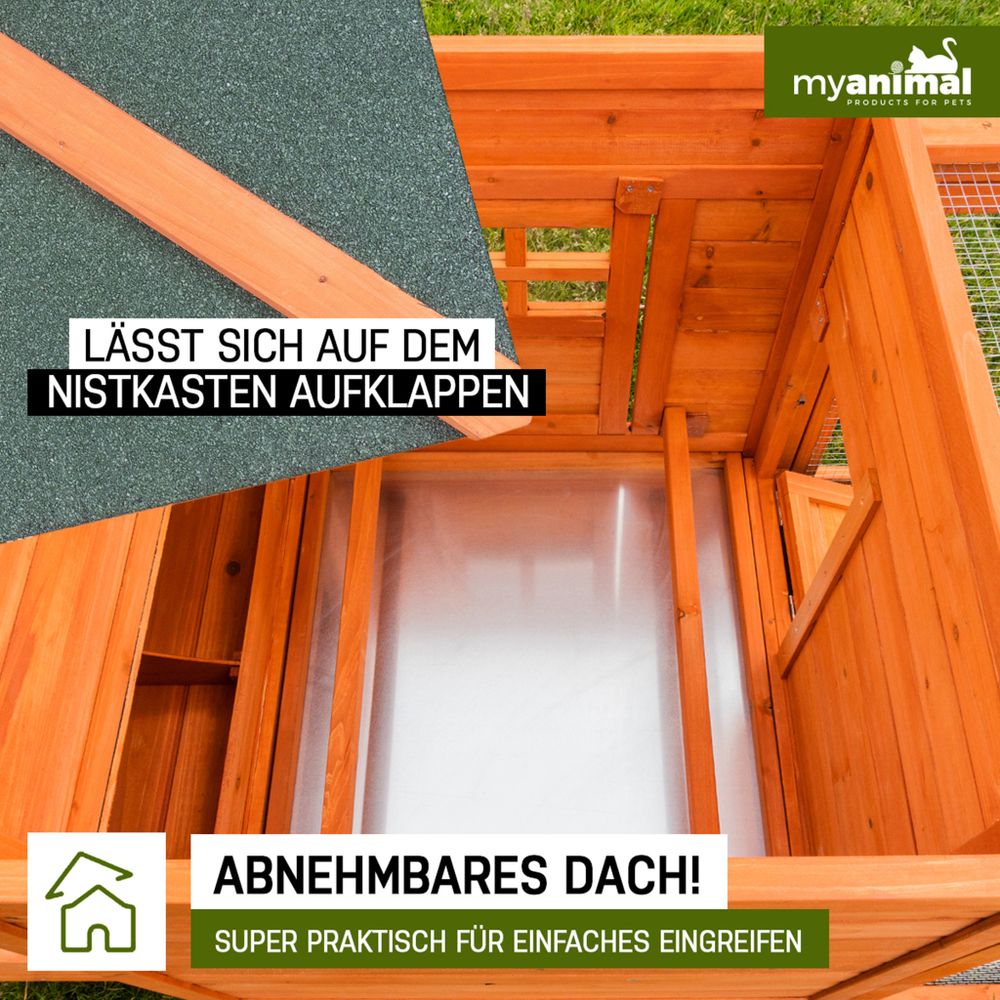 MyAnimal Hühnerstall MH-19 | Für 3-4 Hühner - Hühnerhaus - 2 Sitzstangen - Nistkasten - Eiablage - Freilaufgehege - Wetterfestes Dach (Braun)