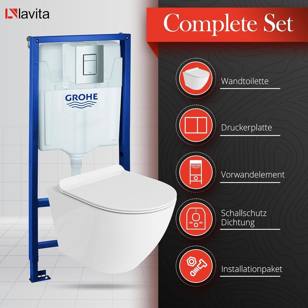GROHE Vorwandelement Solido + Wand Hänge WC Sofi Weiß Spülrandlos + WC-Sitz SoftClose | Verchromter Knopf | Komplettset | Unterputz Spülkasten | Toilette Komplett Sett