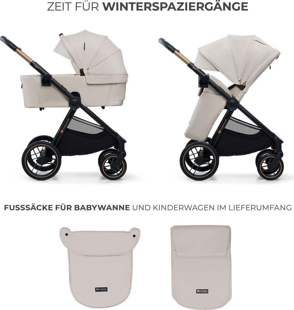 NEA 2 Kinderwagen mit geschlossenem Verdeck im Regen, daneben gleiche Szene bei Sonnenschein.
