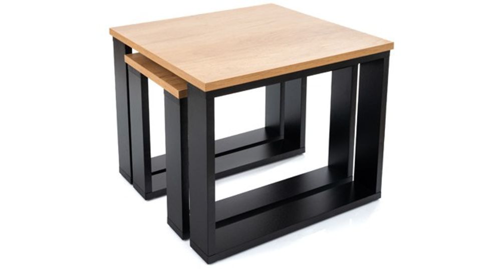 Lehmann Couchtisch 2er Set in 2 Größen für das Wohnzimmer, mit Holzplatte und schwarzem Gestell