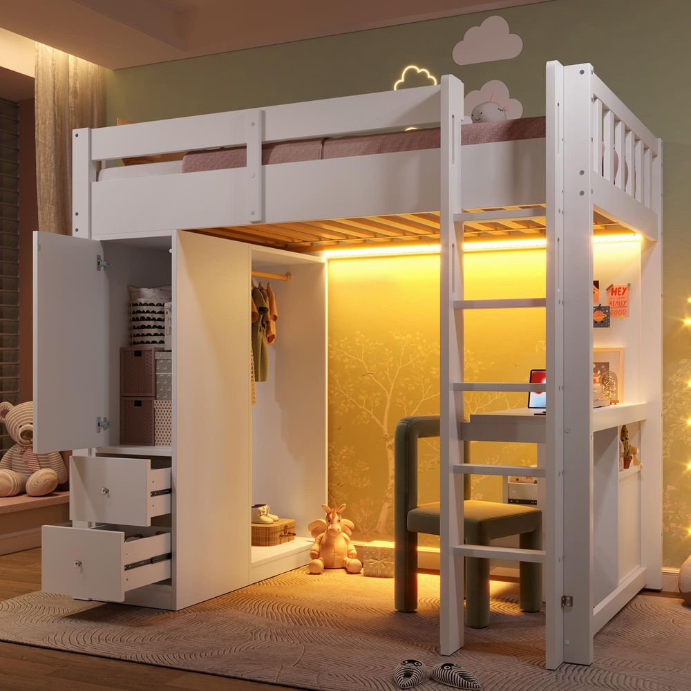 Flieks Etagenbett 90x200cm mit Schreibtisch und Ladefunktion, Hochbett mit Kleiderschrank und Schubladen, Jugendbett Kinderbett mit Led, Weiß