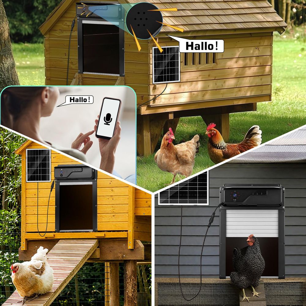 Automatische Hühnerklappe mit Solar, WLAN-App-Steuerung, 1080P Kamera, 5000mAh Akku, Fernbedienung, Lichtsensor Anti-Klemm Hühnertür für Hühner, Enten