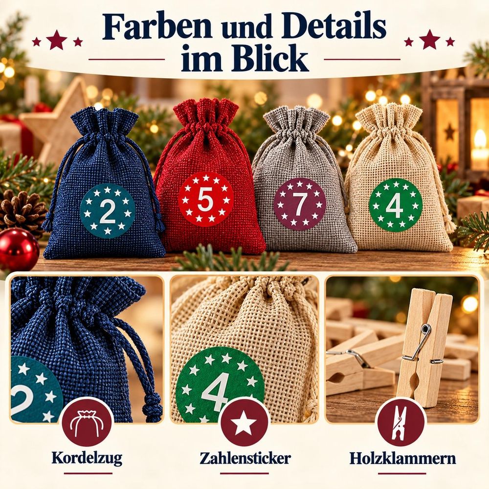 Detailansichten von Kordelzug, Zahlensticker und Holzklammer
