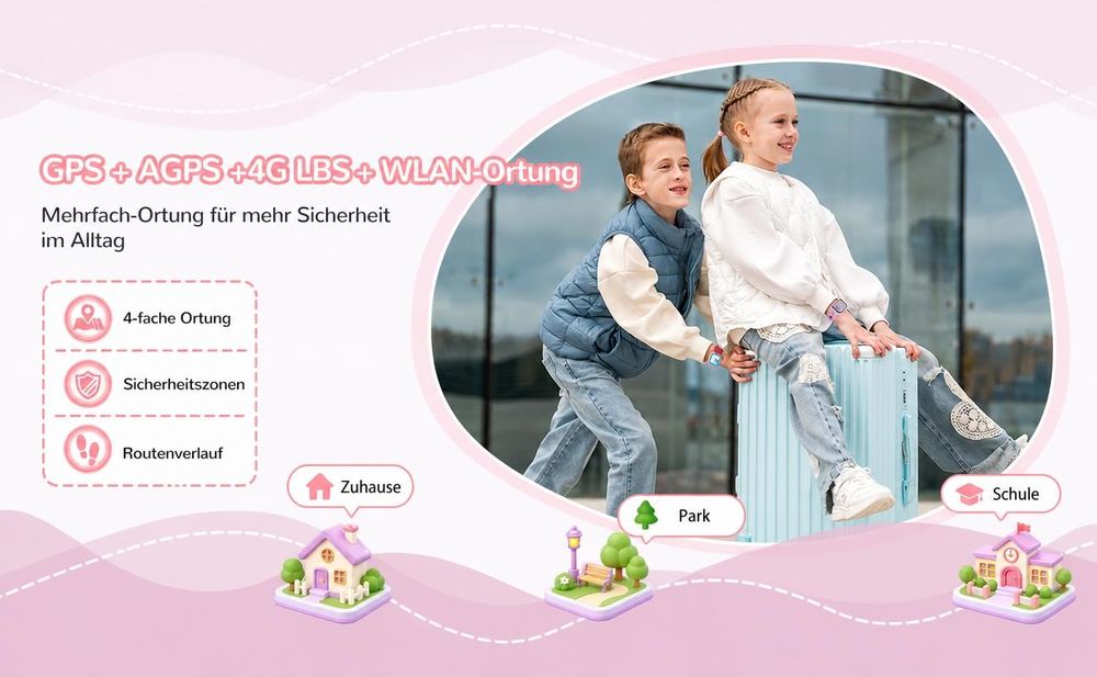 2026 4G Kinder Smartwatch mit GPS Telefon Video SOS für Jungen Mädchen Smartwatch 4-fache Ortung (GPS, WLAN, LBS, AGPS), Sicherheitszonen, Eltern App