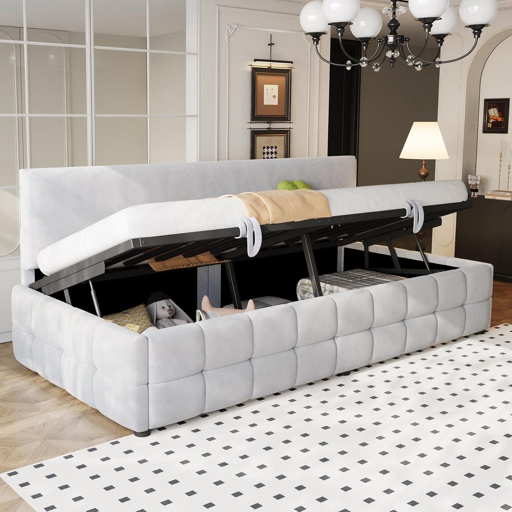 Flieks Hydraulisches Schlafsofa 90x200cm mit Stauraum, Tagesbett Daybed mit Rückenlehne, Polsterbett Jugendbett mit Lattenrost, Samt, Hellgrau