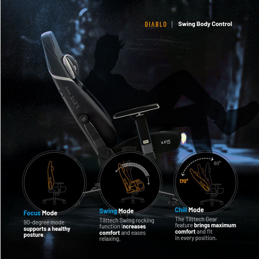 Diablo X.Eye Prime Gaming Stuhl mit Kühlfunktion Bürostuhl Schreibtischstuhl, Belastbar bis 140 kg, Größe Normal, Farbe Schwarz