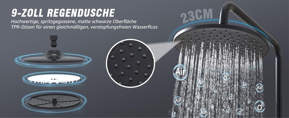Duschsystem Regendusche Duschset mit Überkopfbrause Handbrause 2 Filter, Duschsäule mit Umsteller, Edelstahl, Vier Wassersprühfunktionen, Schwarz
