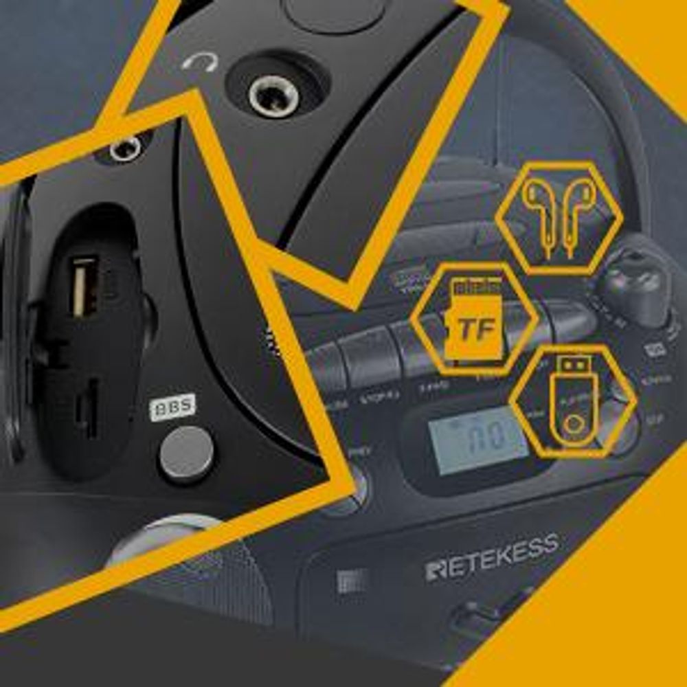 Retekess TR630 Radio z CD, Boombox z kasetą, Radio na baterie, Wyświetlacz LCD, Dźwięk stereo, USB SD TF, Odtwarzacz CD na kemping na zewnątrz