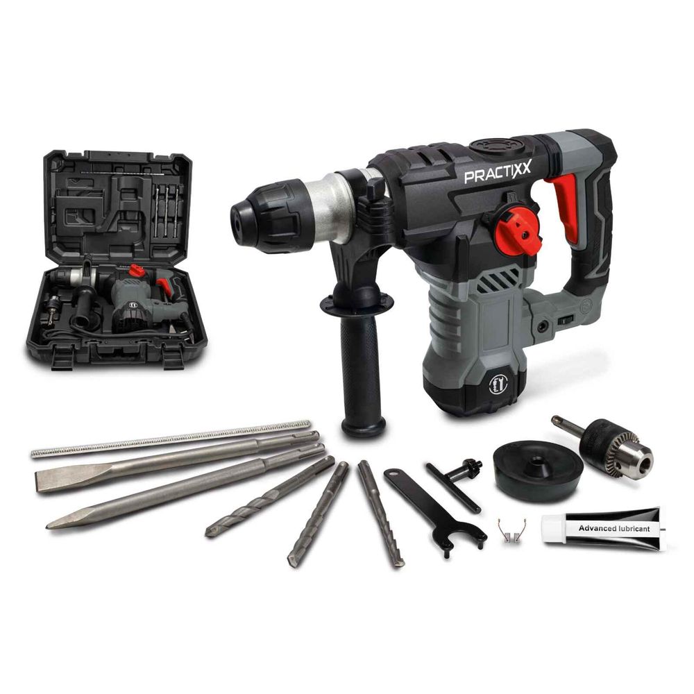 Das Bild zeigt den SDS-Plus Bohrhammer PX-BH-7V in einem Kunststoffkoffer inklusive Aufsätze.