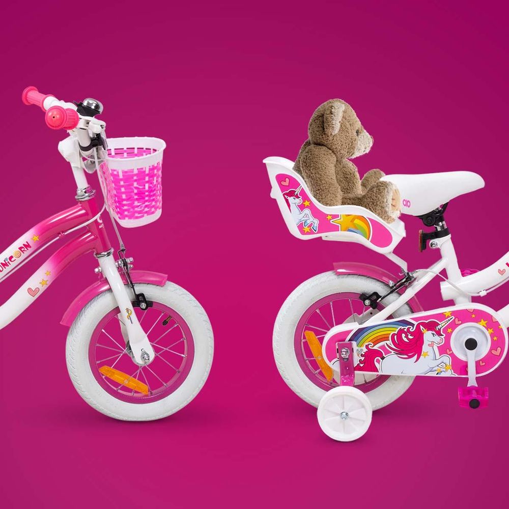 Actionbikes Kinderfahrrad Unicorn 12 Zoll | Kinder Fahrrad - V-Brake Bremsen - Kettenschutz - Fahrradständer - Antirutschgriffe - 6-9 Jahre (Pink)
