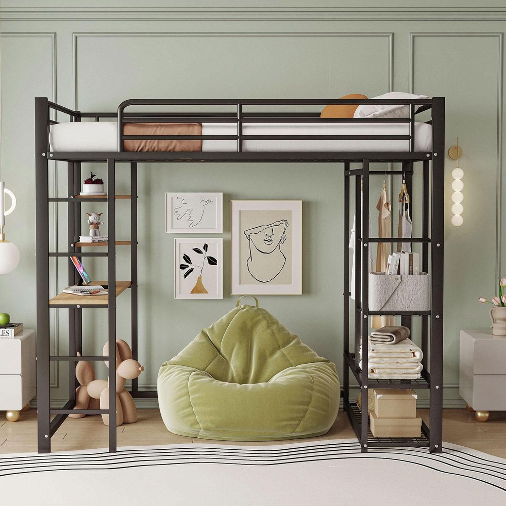 Merax Hochbett 90x200 mit Schreibtisch & Kleiderschrank, Kinderbett Metallbett für Kinder und Jugendliche, Etagenbett mit Stauraum und Ablage, Schwarz