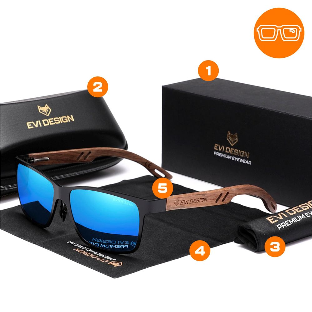 Sonnenbrille Herren Polarisiert UV400, Blaue Gläser Holz Sonnenbrille Nerd-Stil, Walnussholz-Bügel inkl. Etui & XXL-Zubehör, EVI DESIGN Blau
