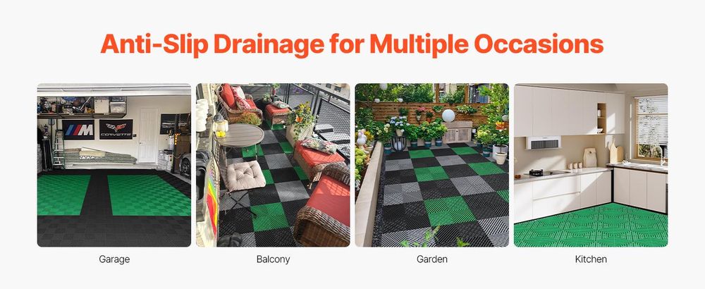 VEVOR Verbindungsdrainagematte, 30 cm x 30 cm modulare Verbindungsunterlage, 40 Stück Verbindungsdrainagematten, rutschfeste graue PP-DRAINAGEFLIESEN und DUSCHMATTE, für Garage, Garten, Küche und Außenbereich, Grün, 50 pcs-b