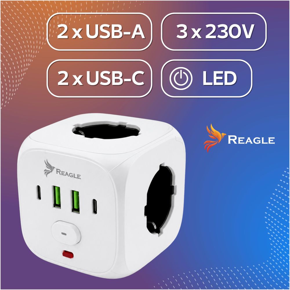 Reagle Cube Steckdosenleiste Würfel 3-fach & 4 USB (2x USB-A, 2x USB-C), Mehrfachsteckdose 7-in-1 mit Schalter, Überlastschutz 2500W