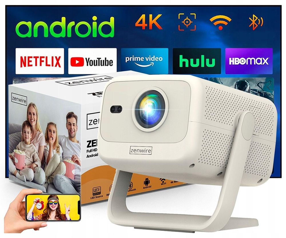 Projektor ZENWIRE z systemem Android, WiFi, Bluetooth, Full HD, obsługa 4K, 12000 lumenów, autofocus, przenośny, mini projektor do kina domowego i biura "H8"