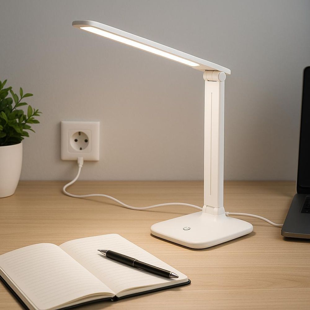 Moderne weiß LED-Schreibtischlampe mit Touchschalter auf Holzschreibtisch neben Notizbuch.