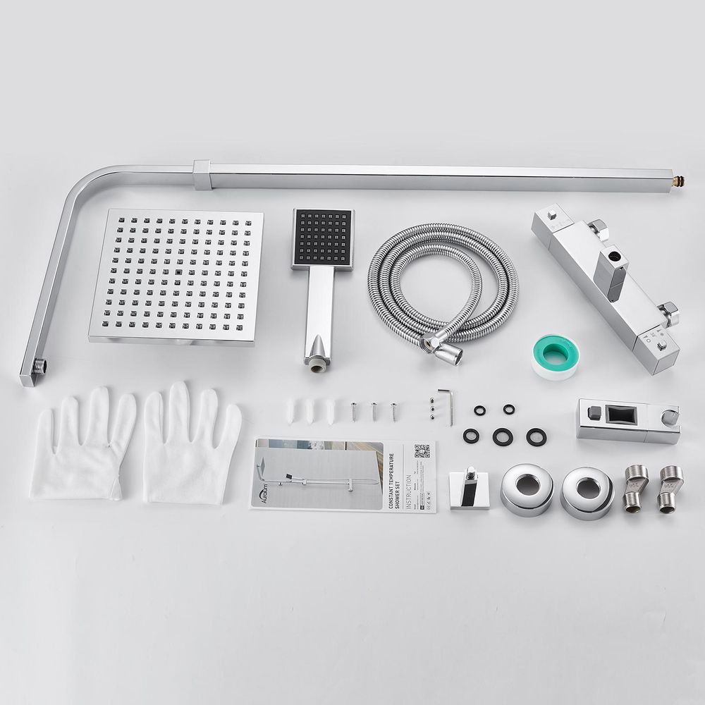 Auralum Duschsystem mit Thermostat & Verstellbarer Höhe - Moderner Chrom Duschkopf für Badezimmer
