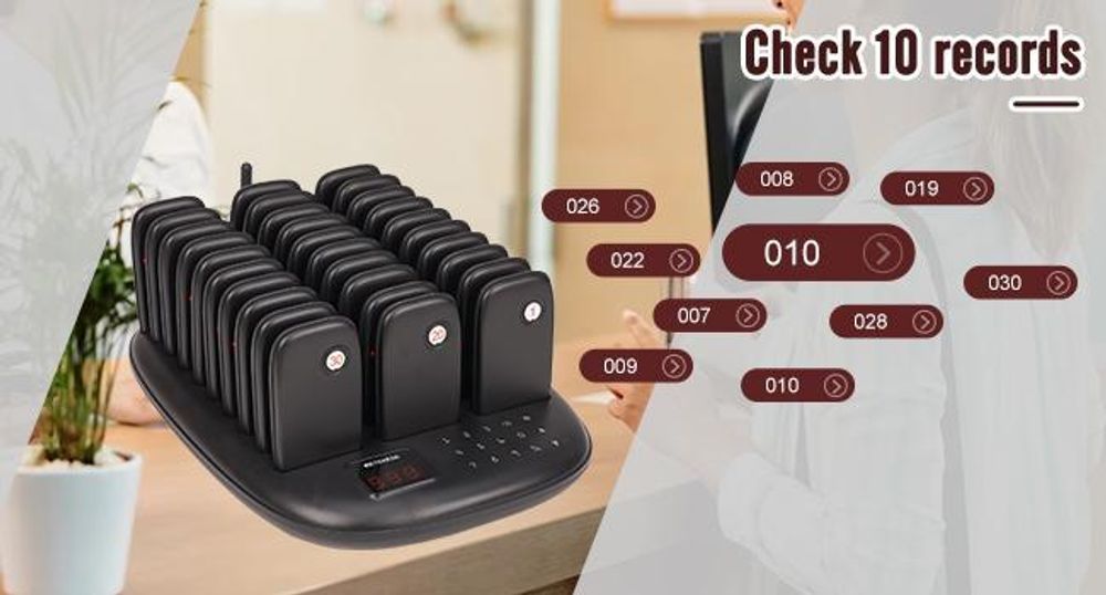 Systém pagerů Retekess TD175P pro restaurace, 30 pagerů, pagerový volací systém s dosahem 800 m, 7 režimů volání, pagery pro food court, kavárny, bary, gastronomii, vysílačky